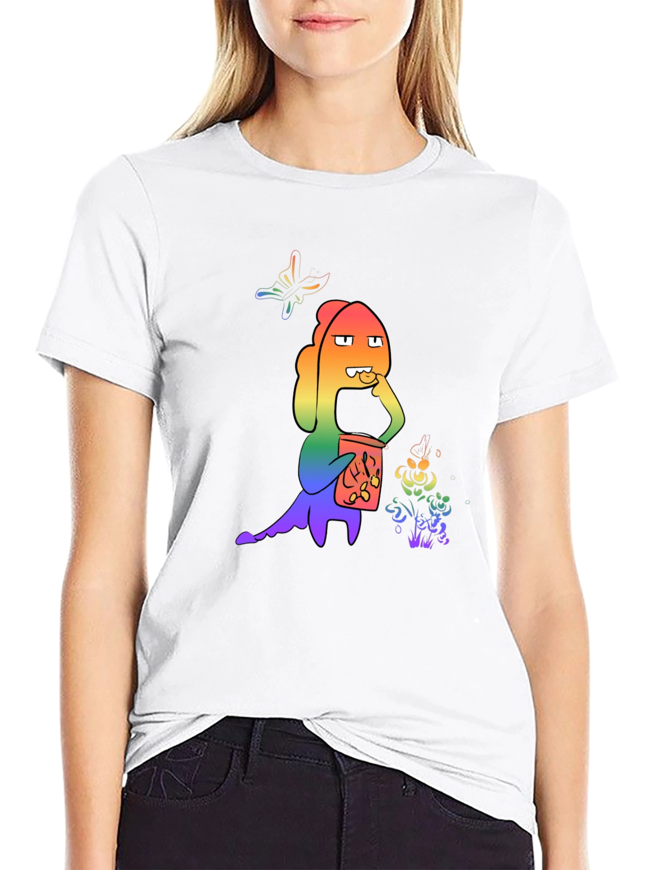Rainbow Cartoon Character Black T-Shirt