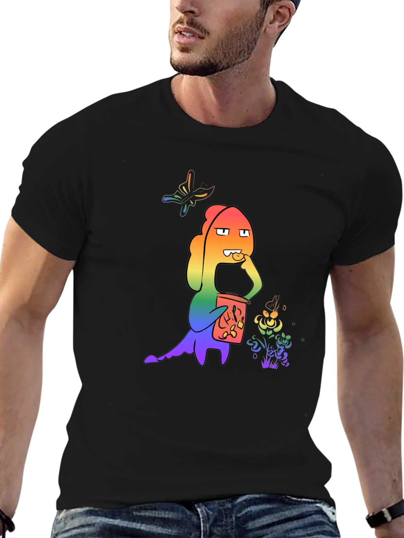 Rainbow Cartoon Character Black T-Shirt