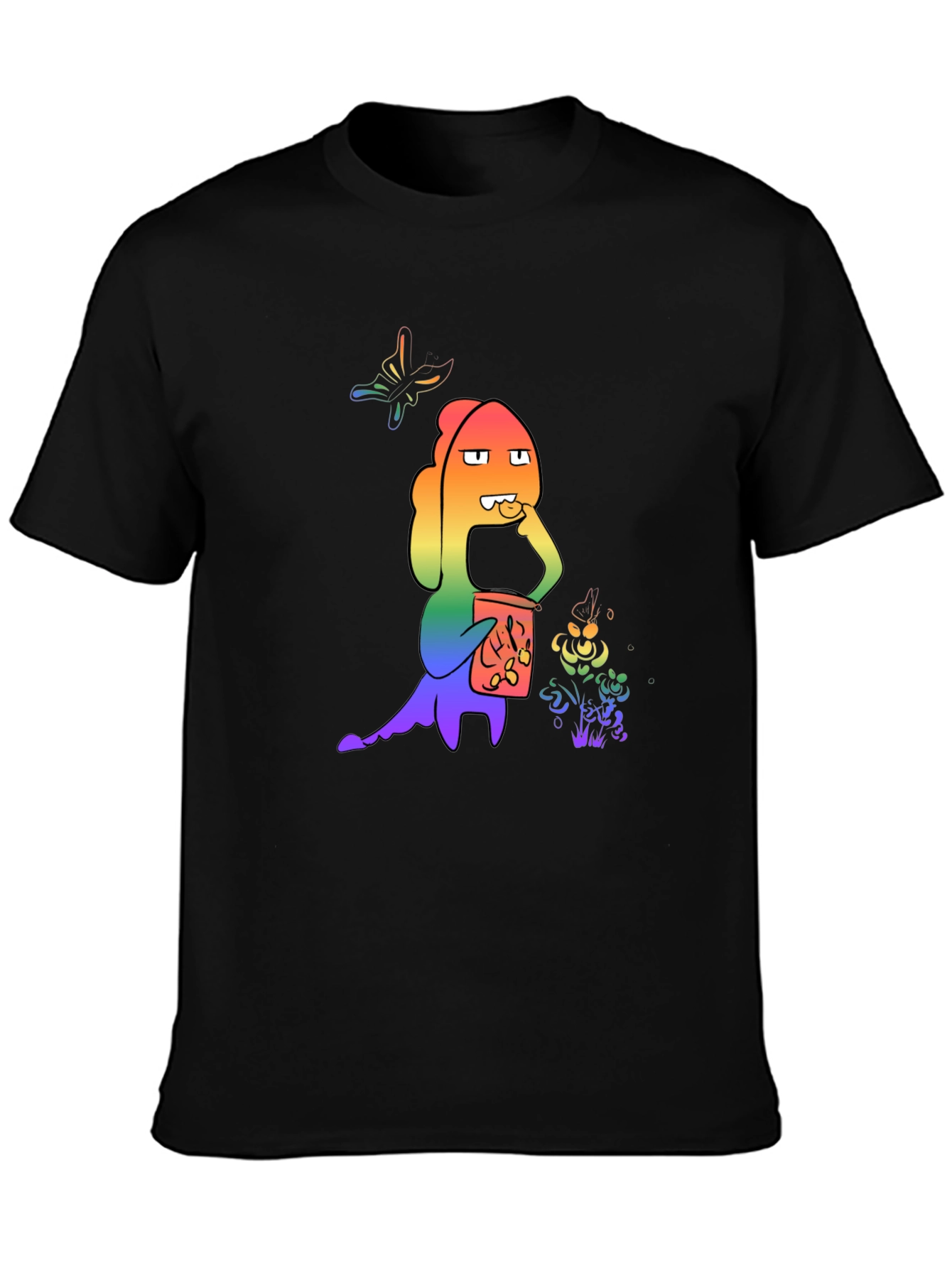 Rainbow Cartoon Character Black T-Shirt
