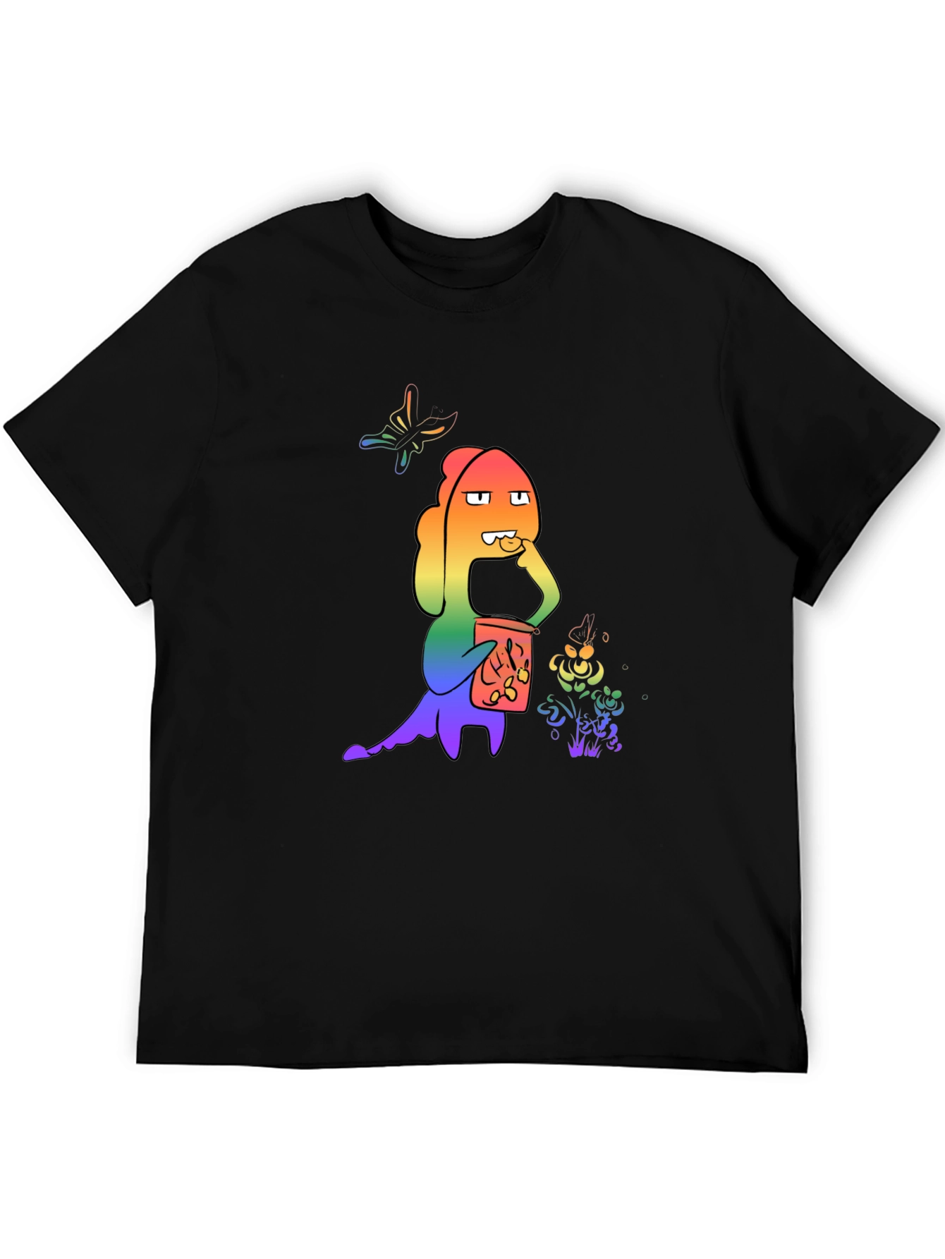 Rainbow Cartoon Character Black T-Shirt