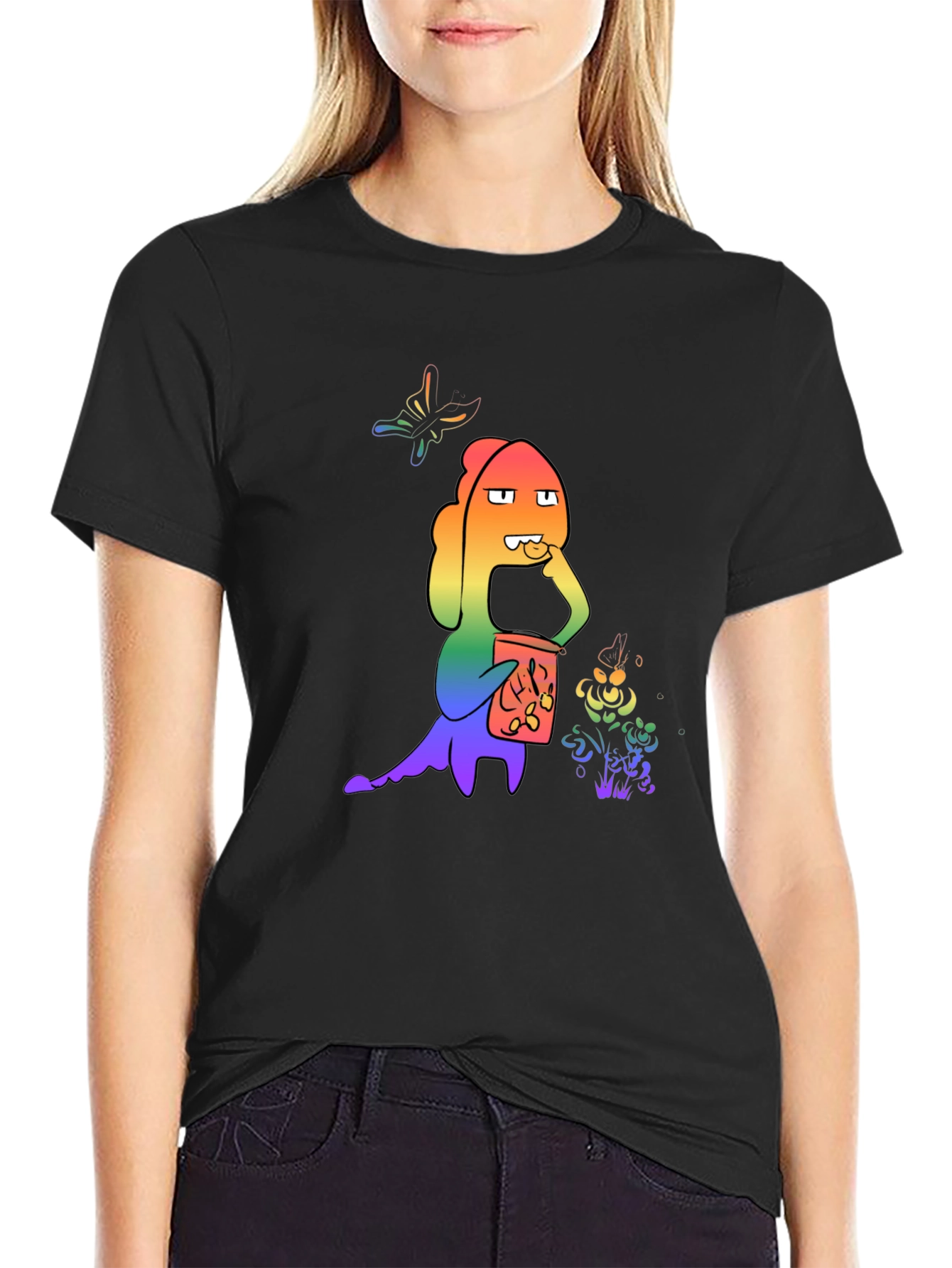 Rainbow Cartoon Character Black T-Shirt