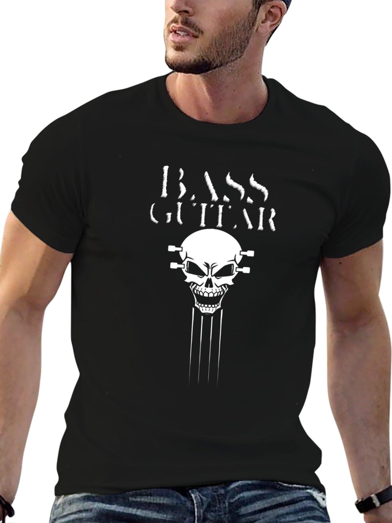 Bass Guitar Skull Graphic T-Shirt - Black