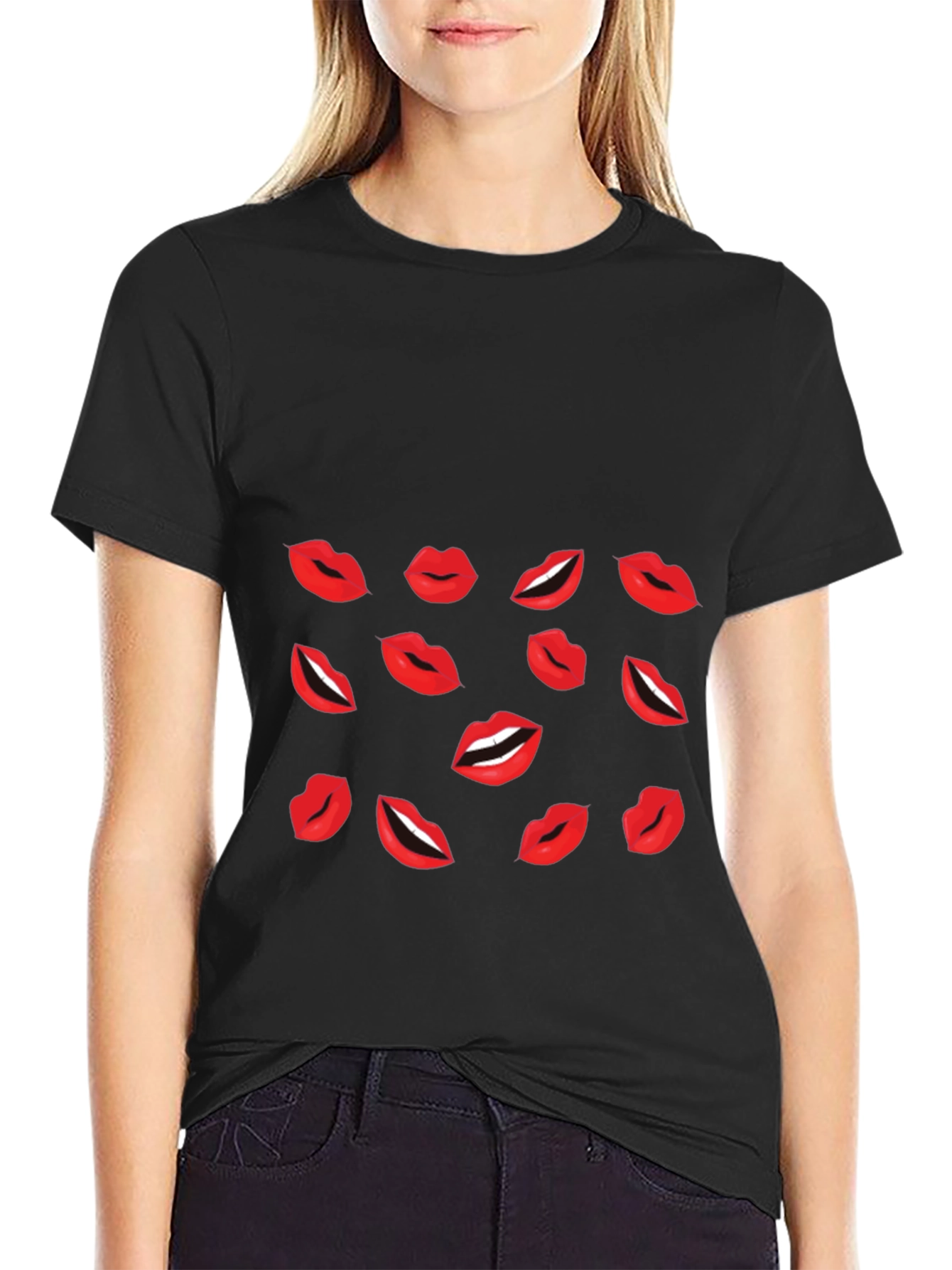 Lips Print Black T-Shirt
