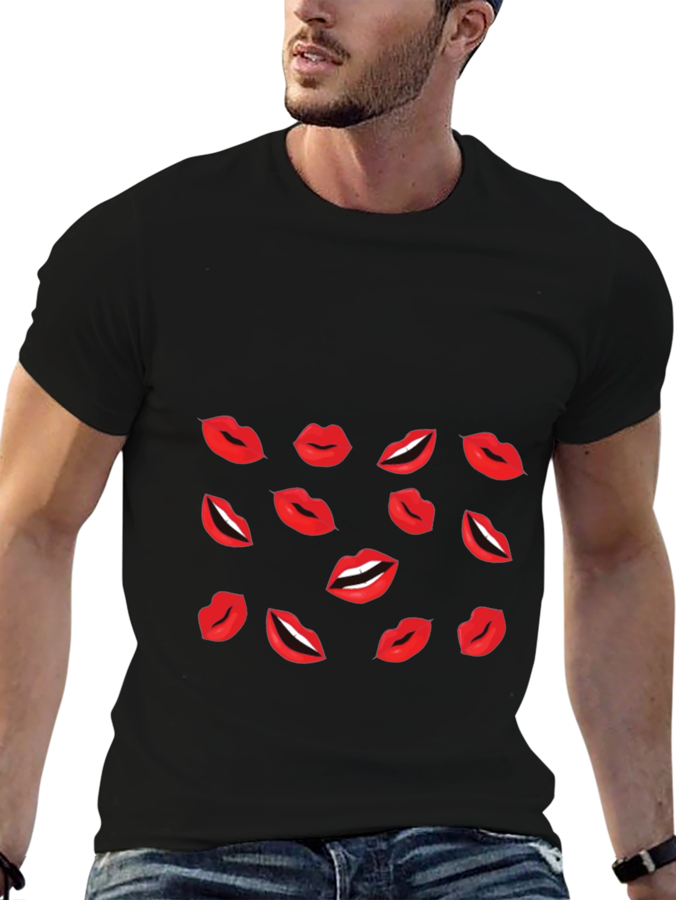 Lips Print Black T-Shirt