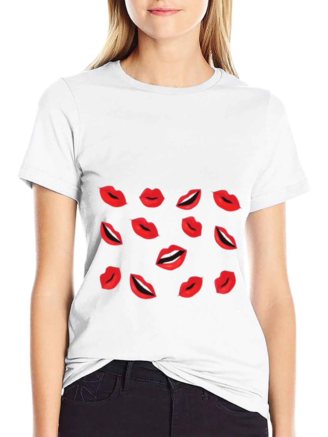 Lips Print Black T-Shirt