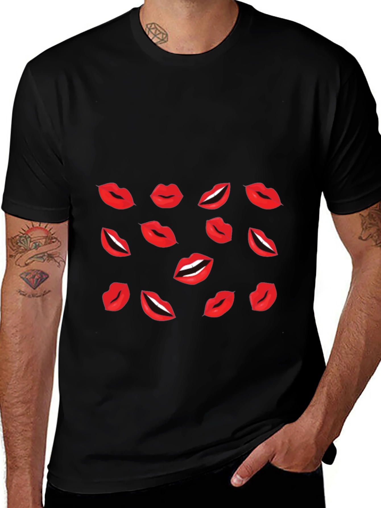 Lips Print Black T-Shirt