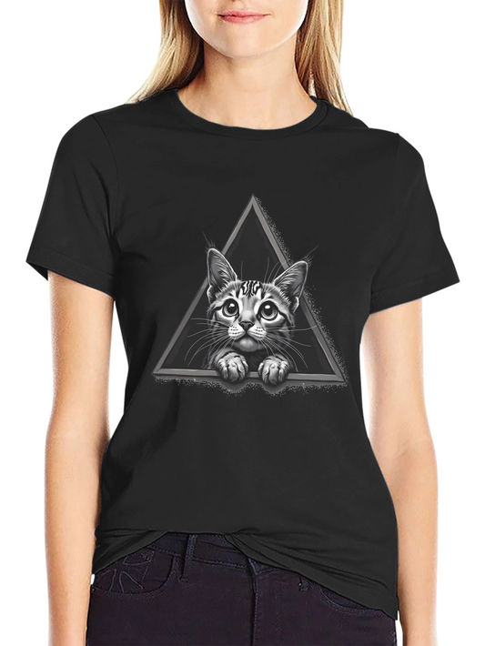 Cat Triangle Graphic Tee - Black Cotton T-Shirt