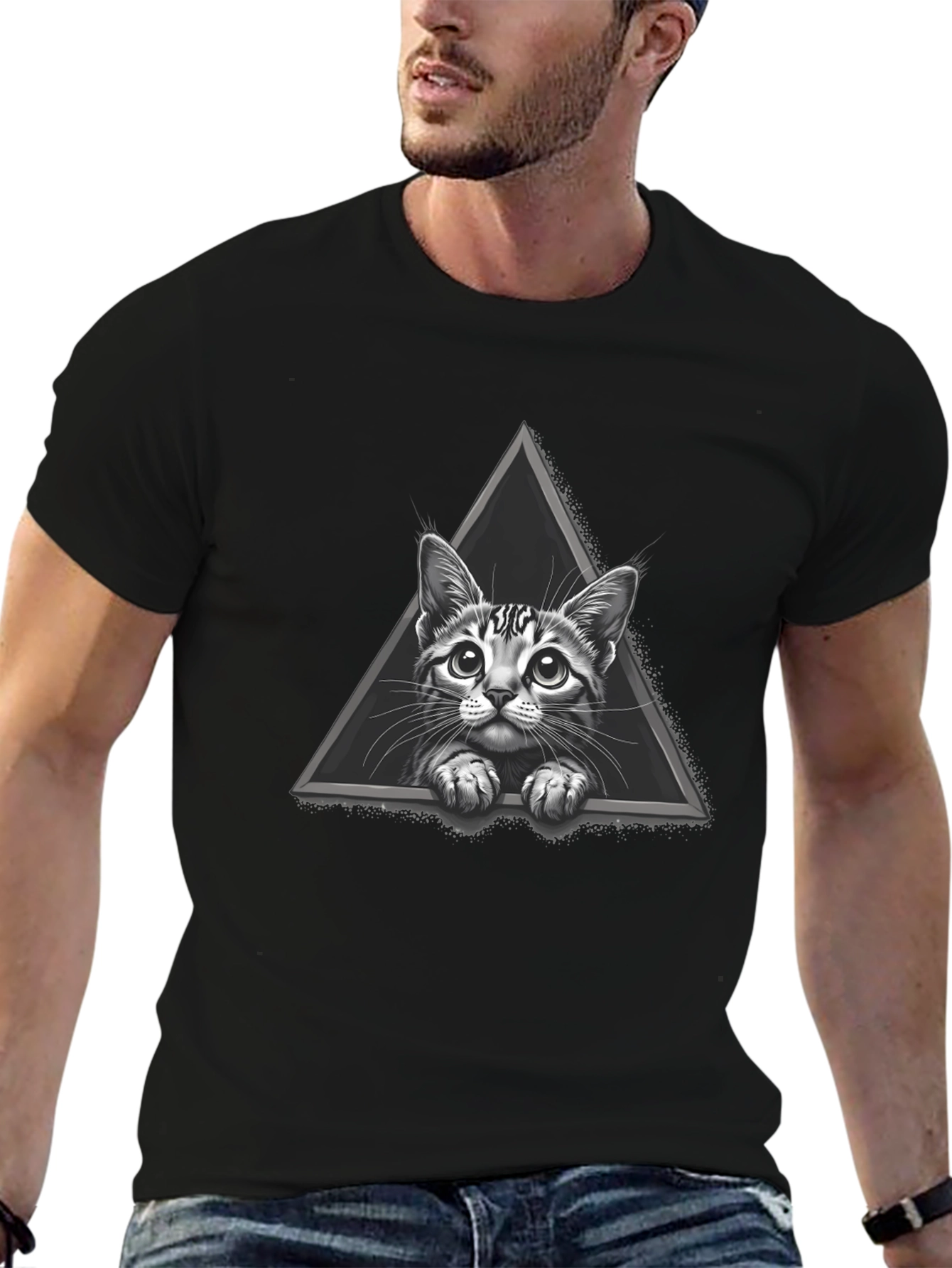 Cat Triangle Graphic Tee - Black Cotton T-Shirt