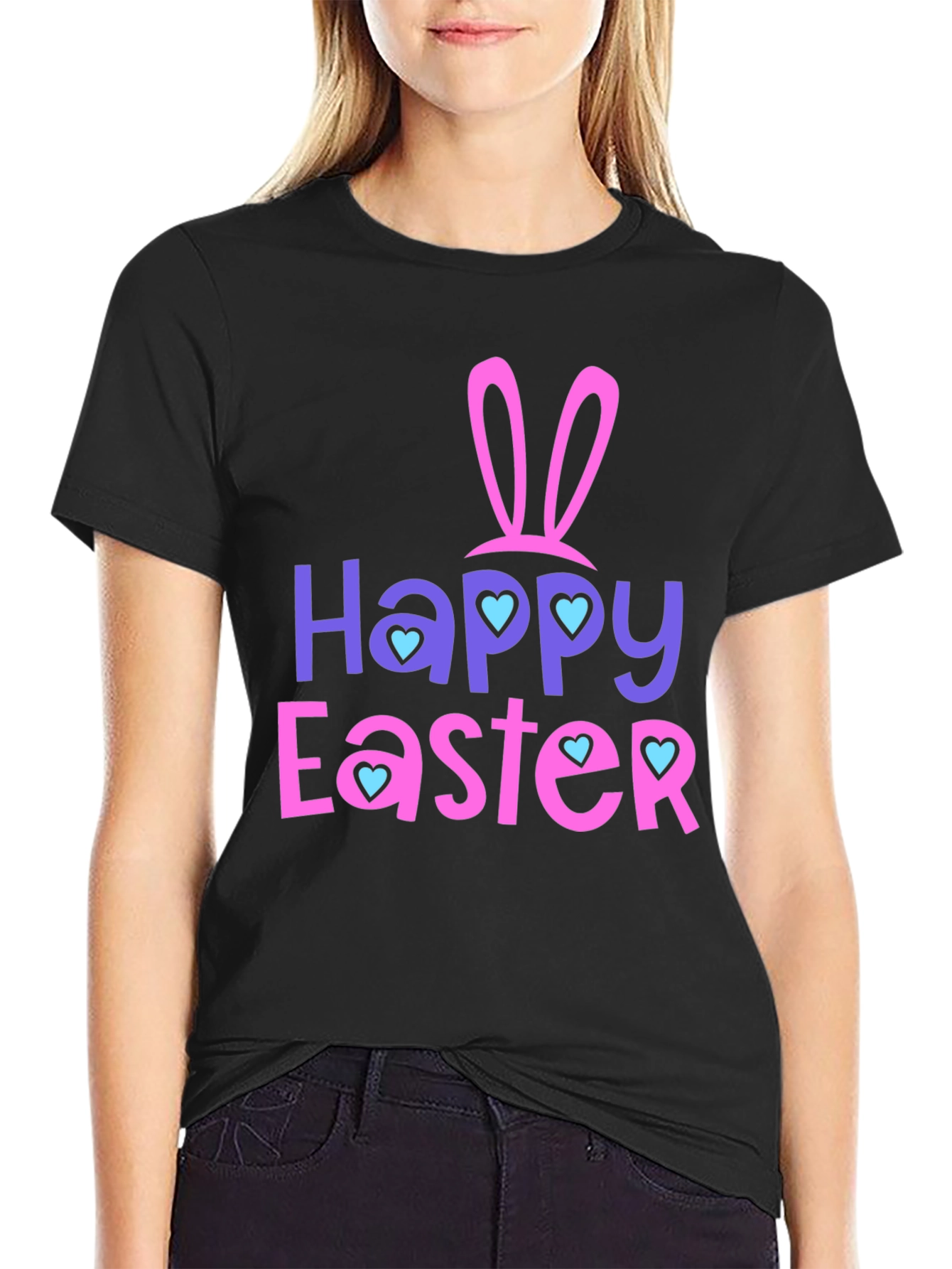 Happy Easter T-Shirt with Bunny Ears and Heart Accents