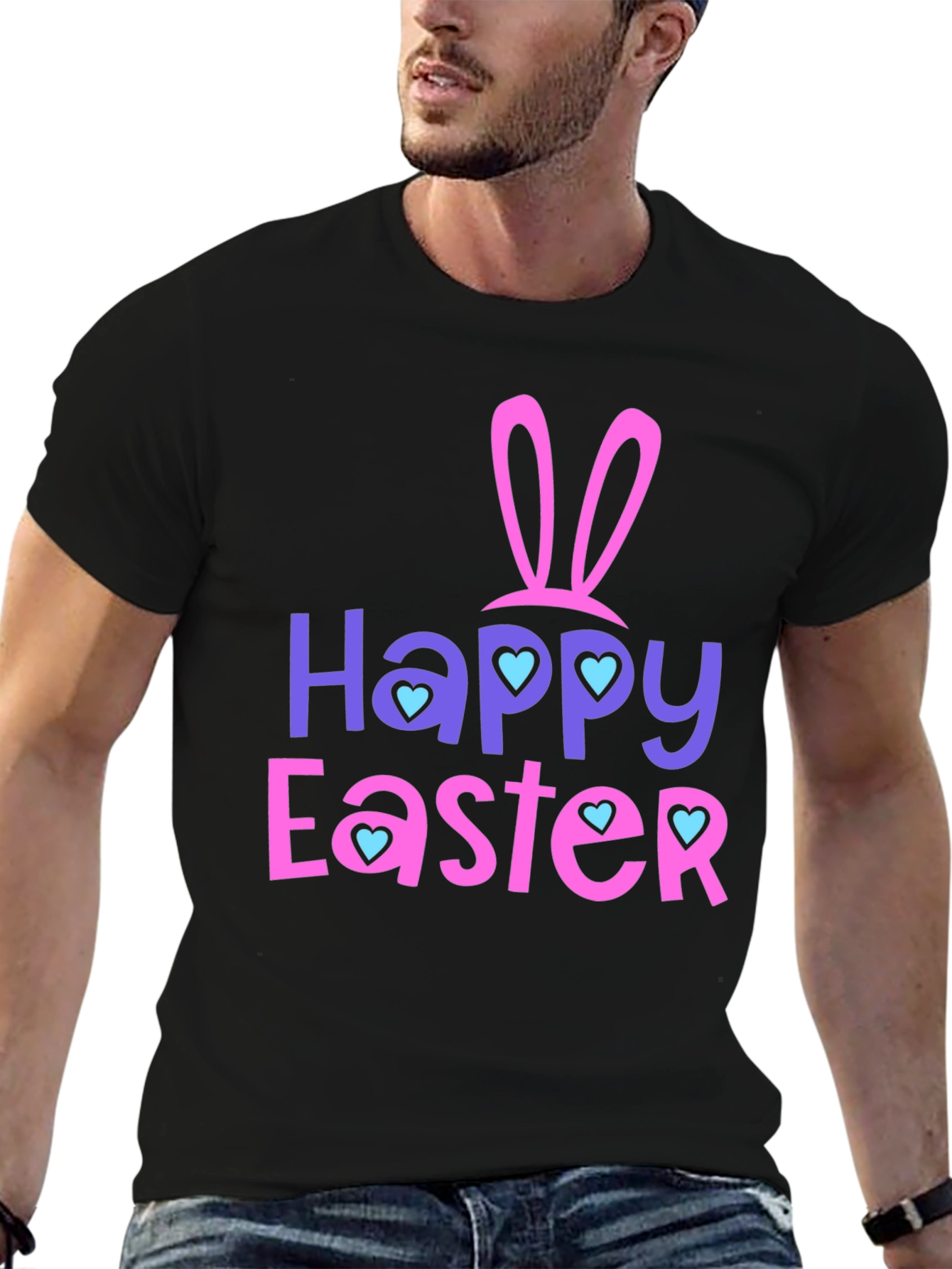 Happy Easter T-Shirt with Bunny Ears and Heart Accents