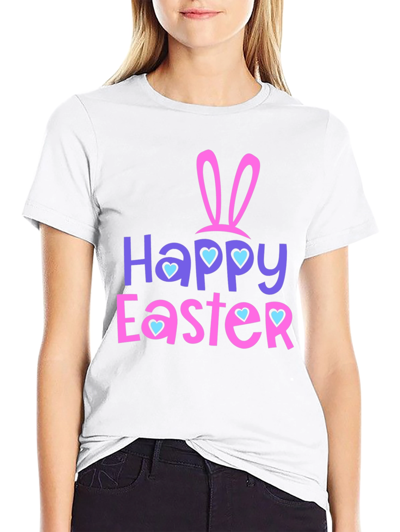 Happy Easter T-Shirt with Bunny Ears and Heart Accents