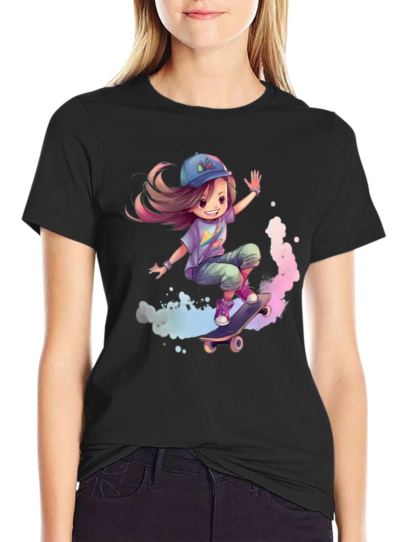 Skateboarding Girl Graphic Tee - Black
