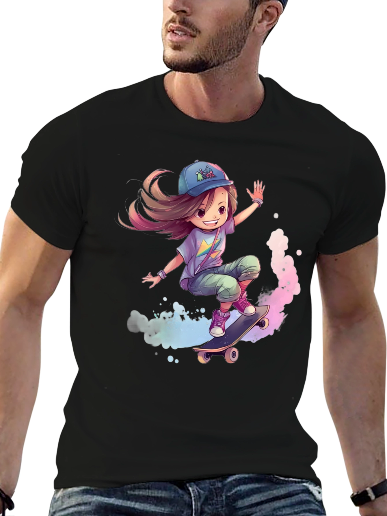 Skateboarding Girl Graphic Tee - Black