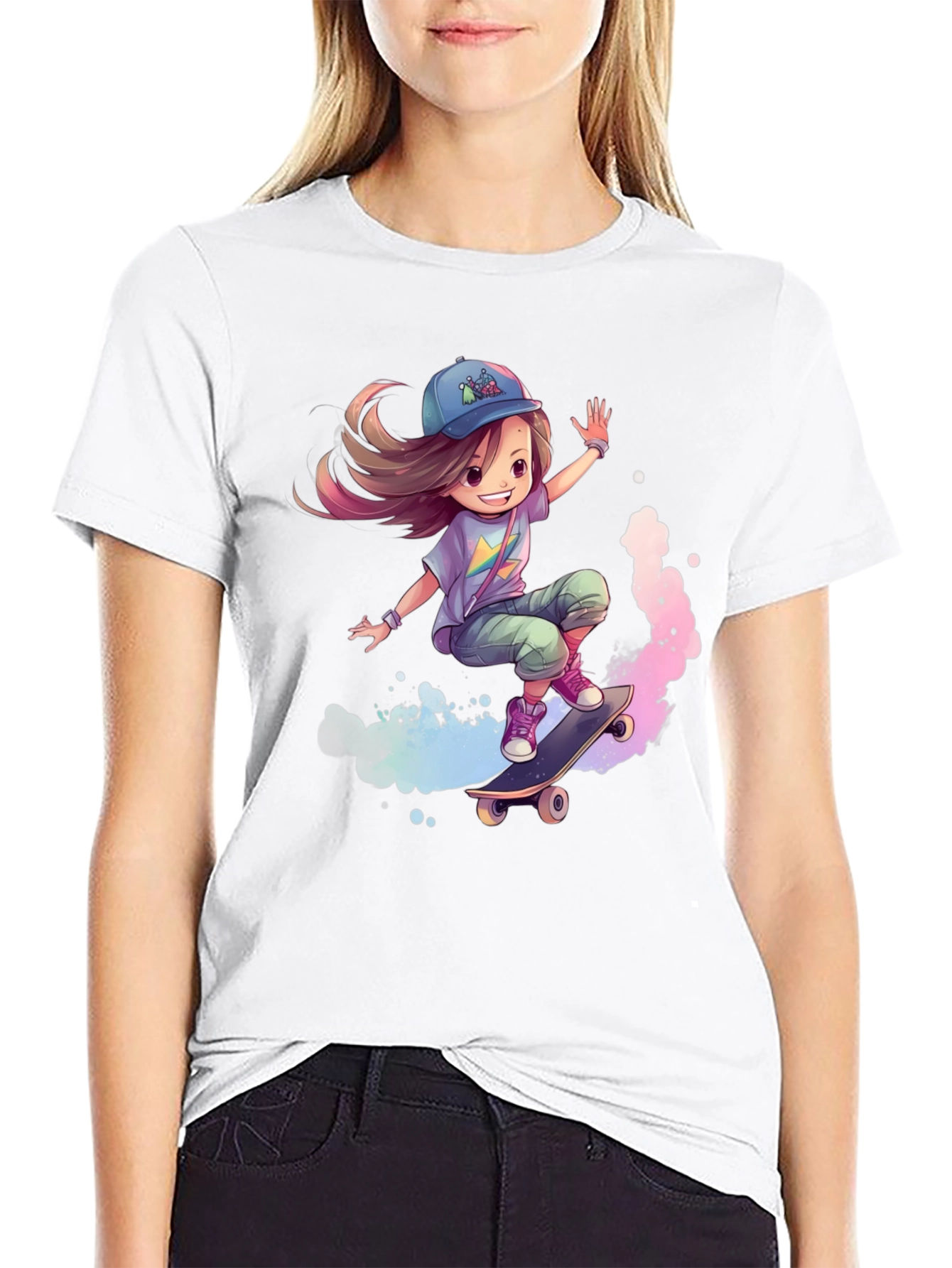 Skateboarding Girl Graphic Tee - Black