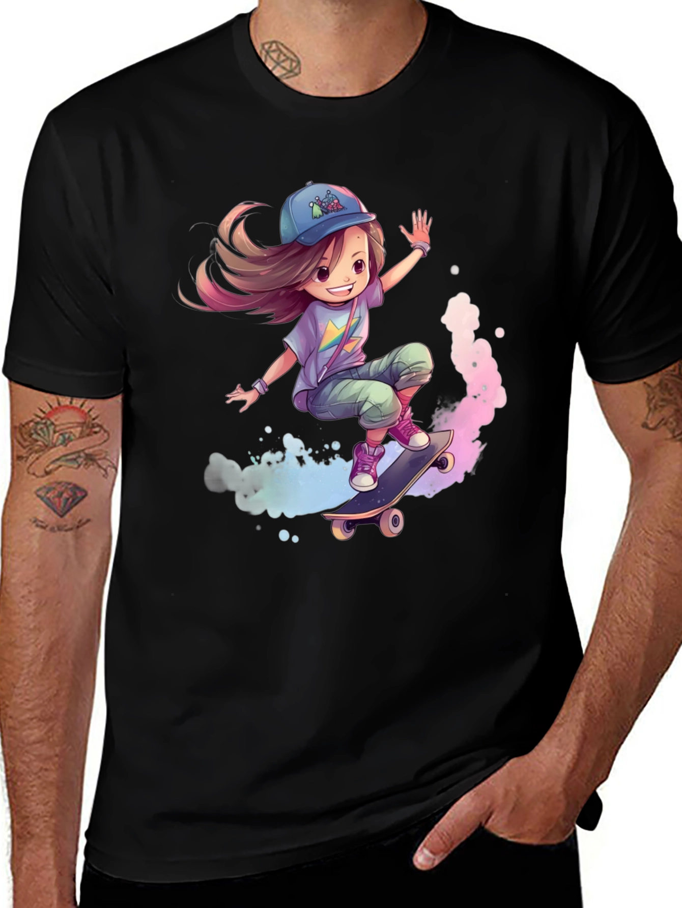 Skateboarding Girl Graphic Tee - Black