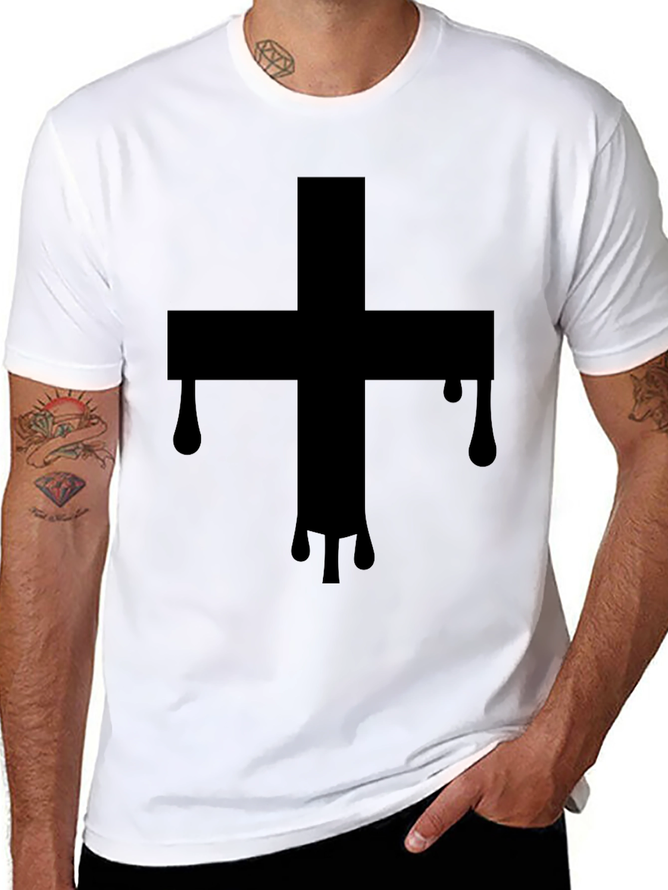 Mens Black T-Shirt with Dripping Cross Graphic
