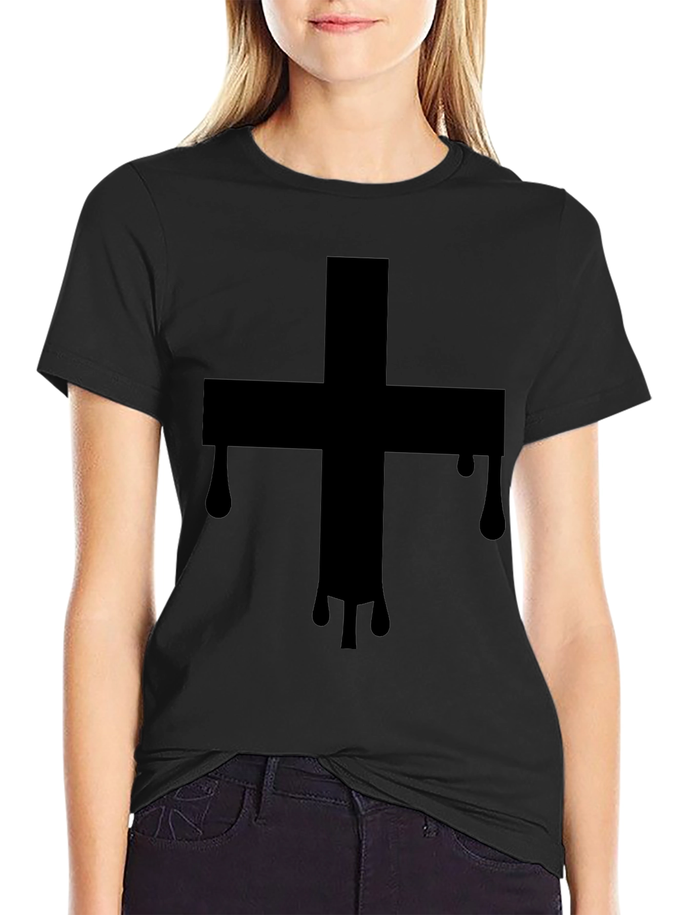 Mens Black T-Shirt with Dripping Cross Graphic