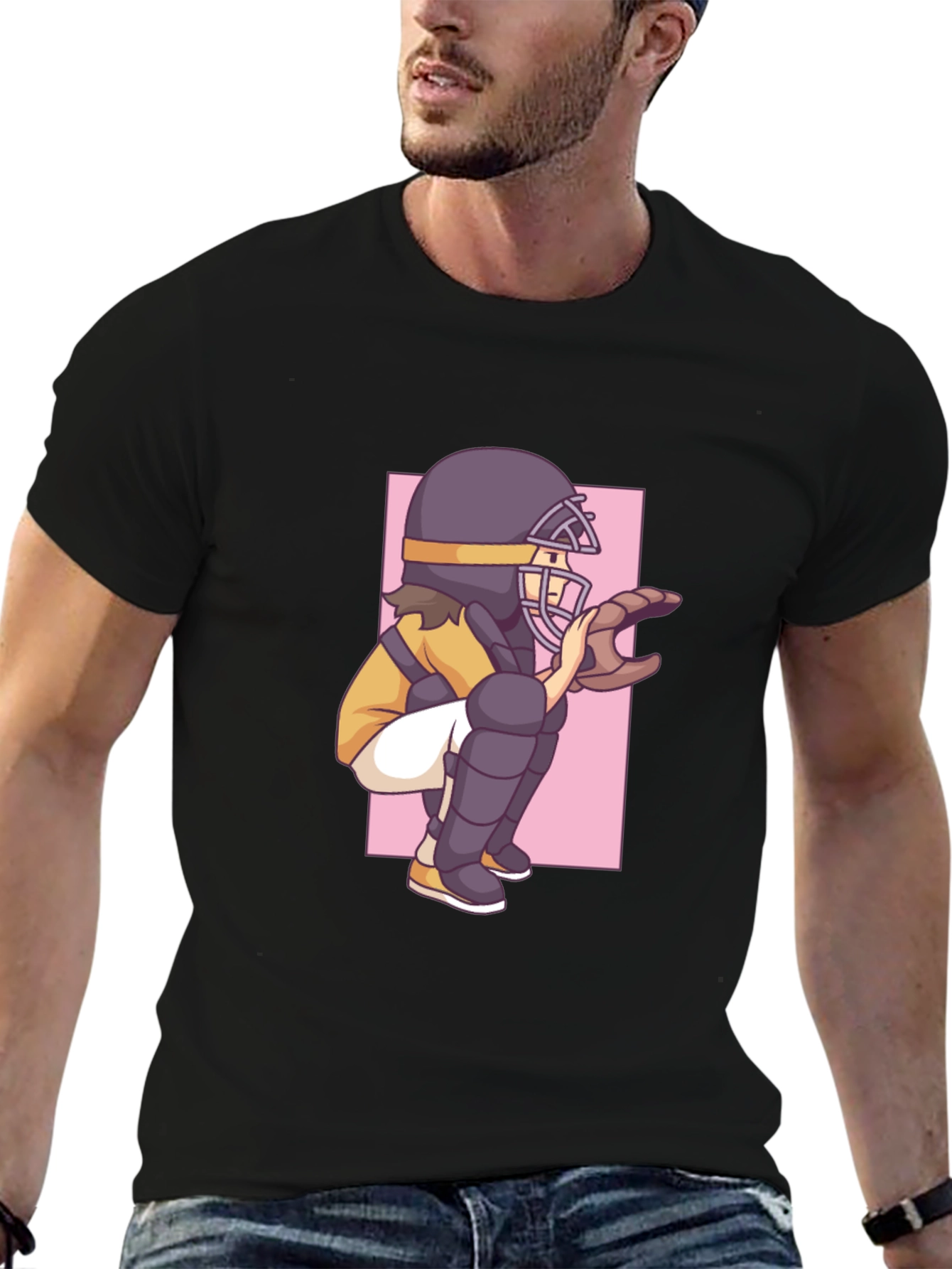 Baseball Catcher Graphic Tee - Black Cotton T-Shirt