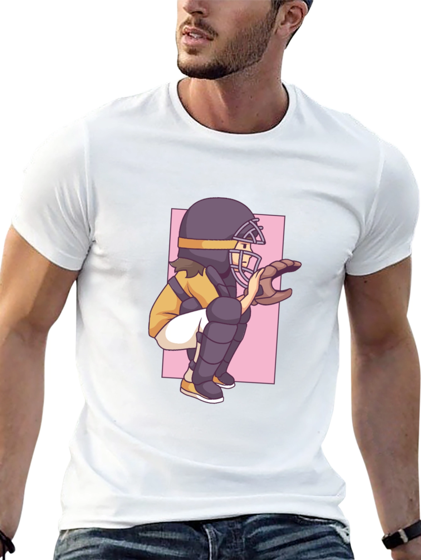 Baseball Catcher Graphic Tee - Black Cotton T-Shirt