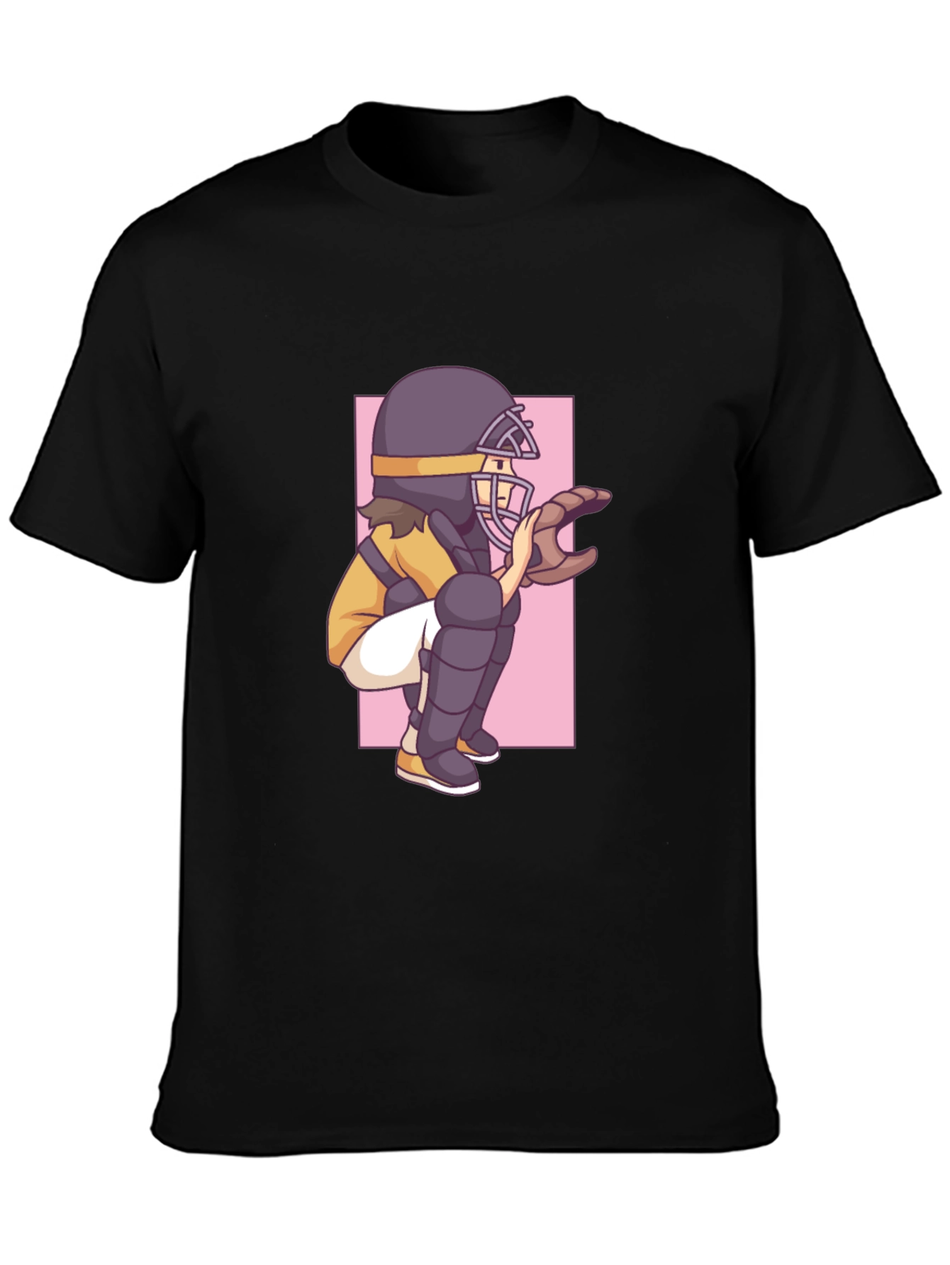 Baseball Catcher Graphic Tee - Black Cotton T-Shirt