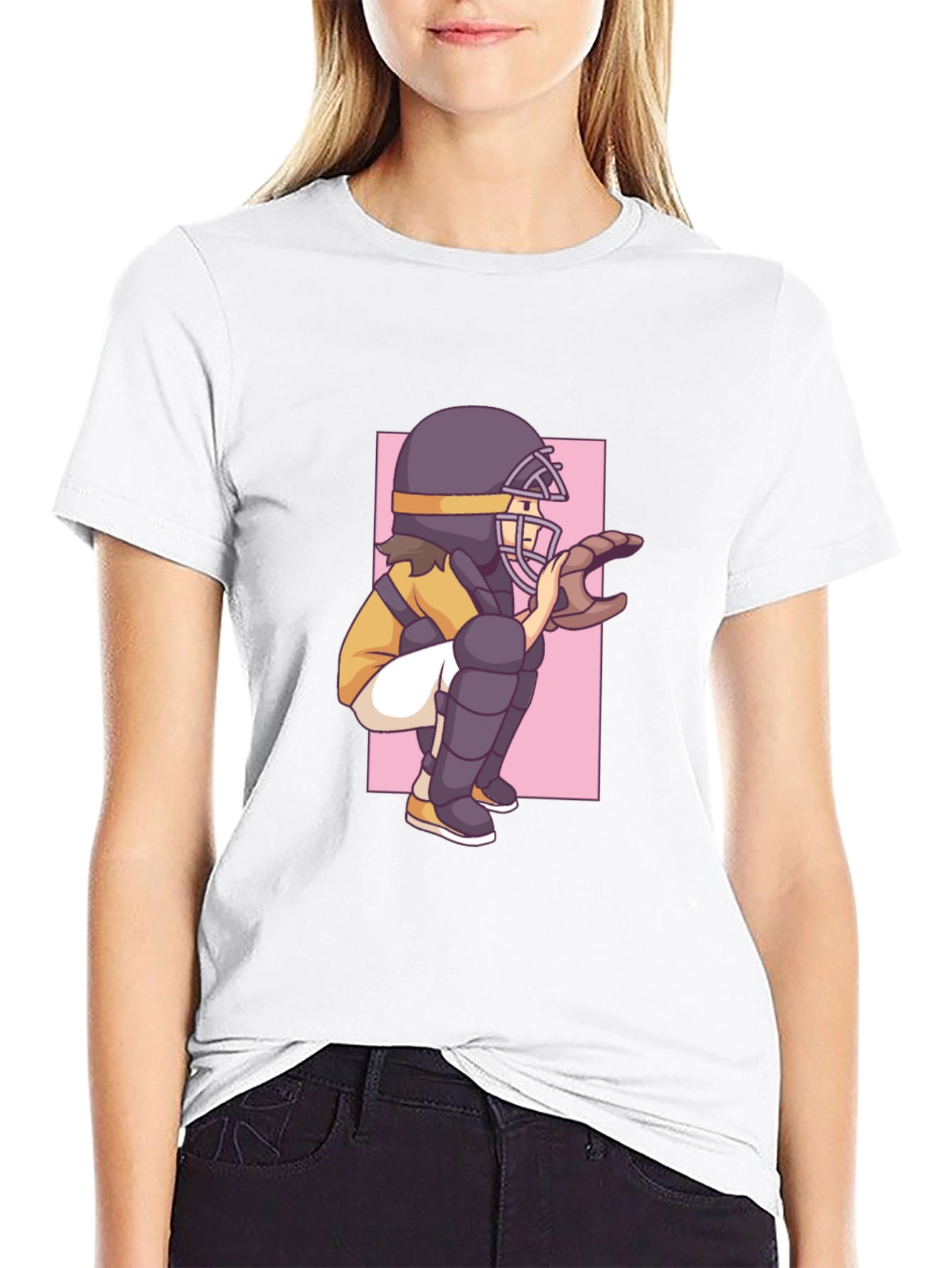 Baseball Catcher Graphic Tee - Black Cotton T-Shirt