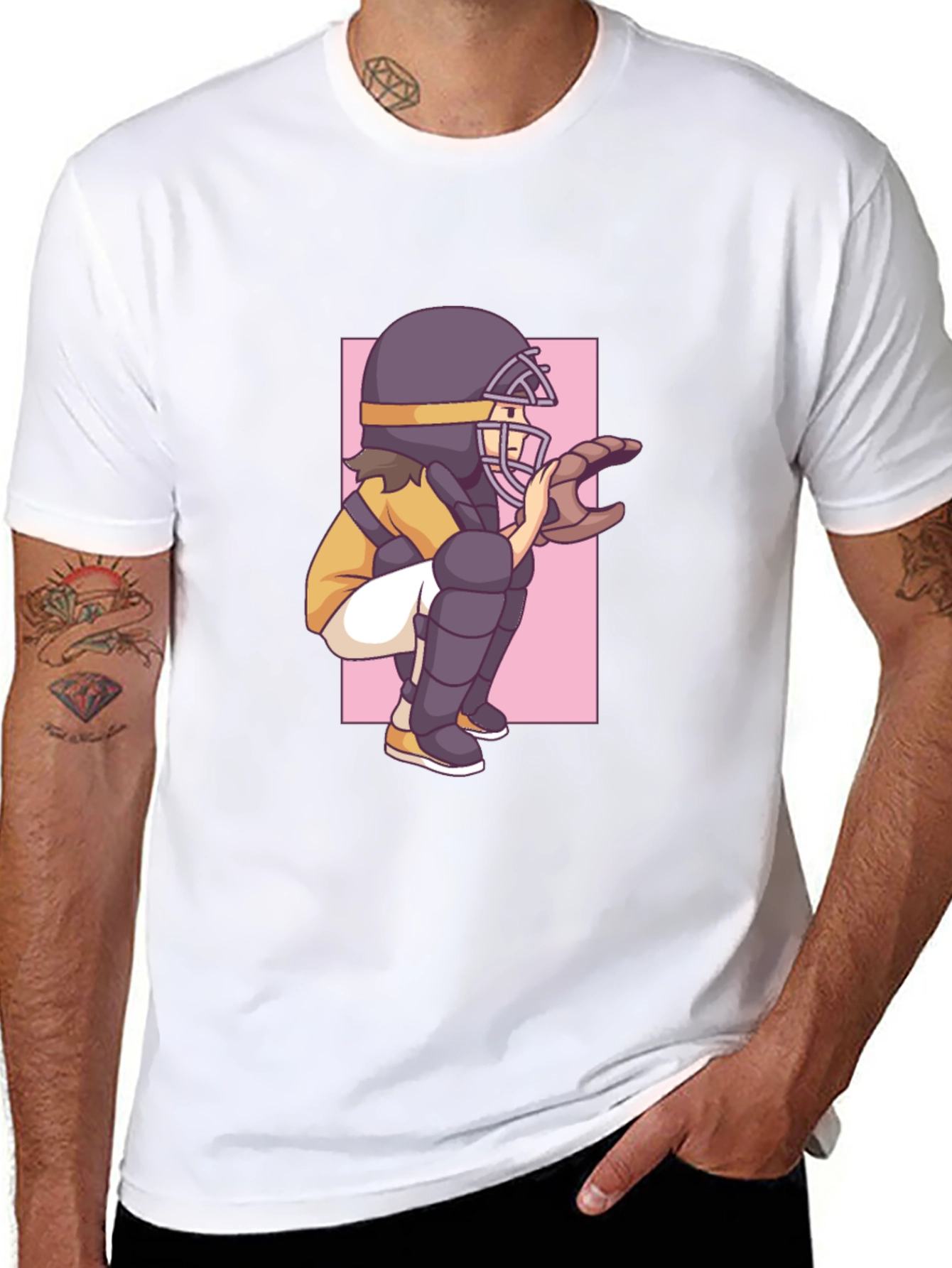 Baseball Catcher Graphic Tee - Black Cotton T-Shirt