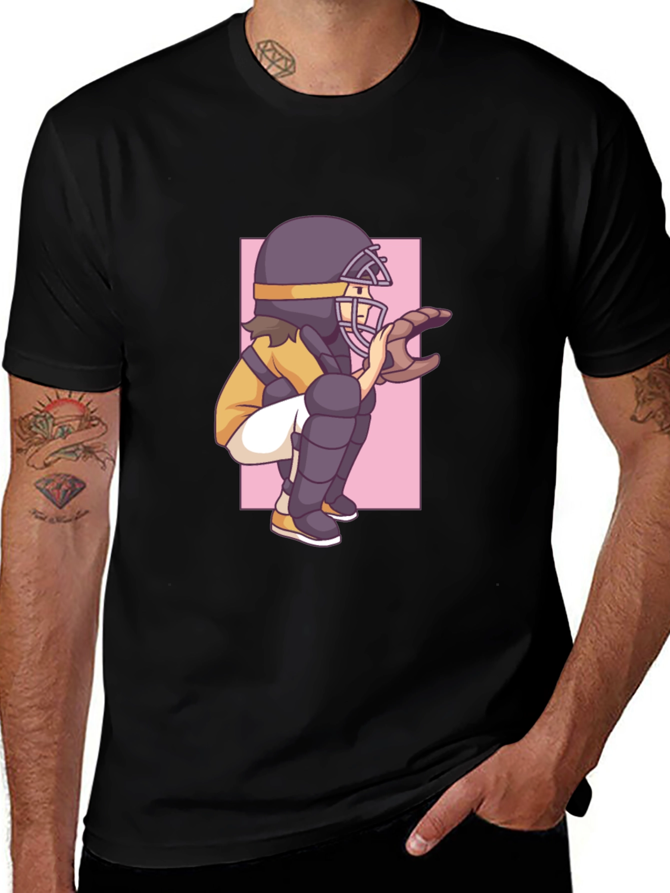 Baseball Catcher Graphic Tee - Black Cotton T-Shirt
