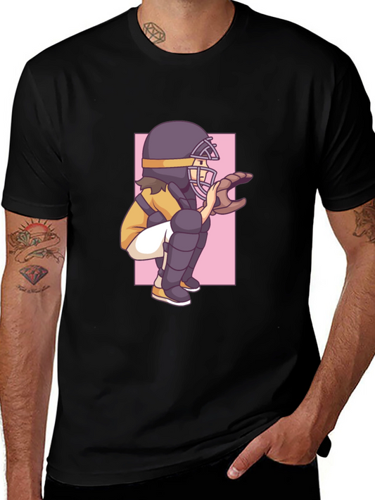 Baseball Catcher Graphic Tee - Black Cotton T-Shirt