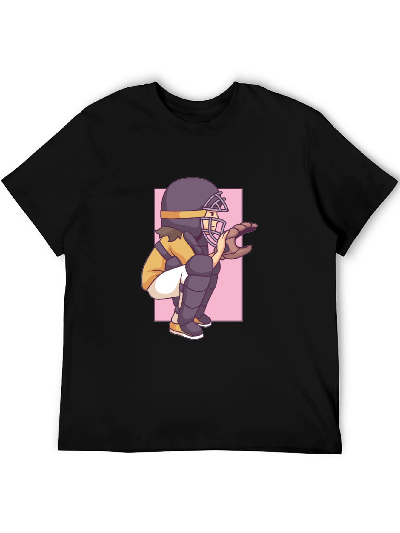 Baseball Catcher Graphic Tee - Black Cotton T-Shirt