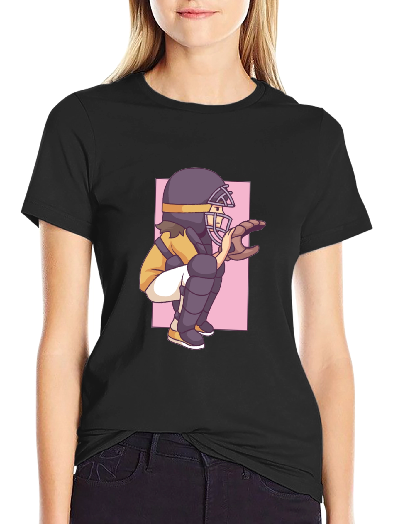Baseball Catcher Graphic Tee - Black Cotton T-Shirt