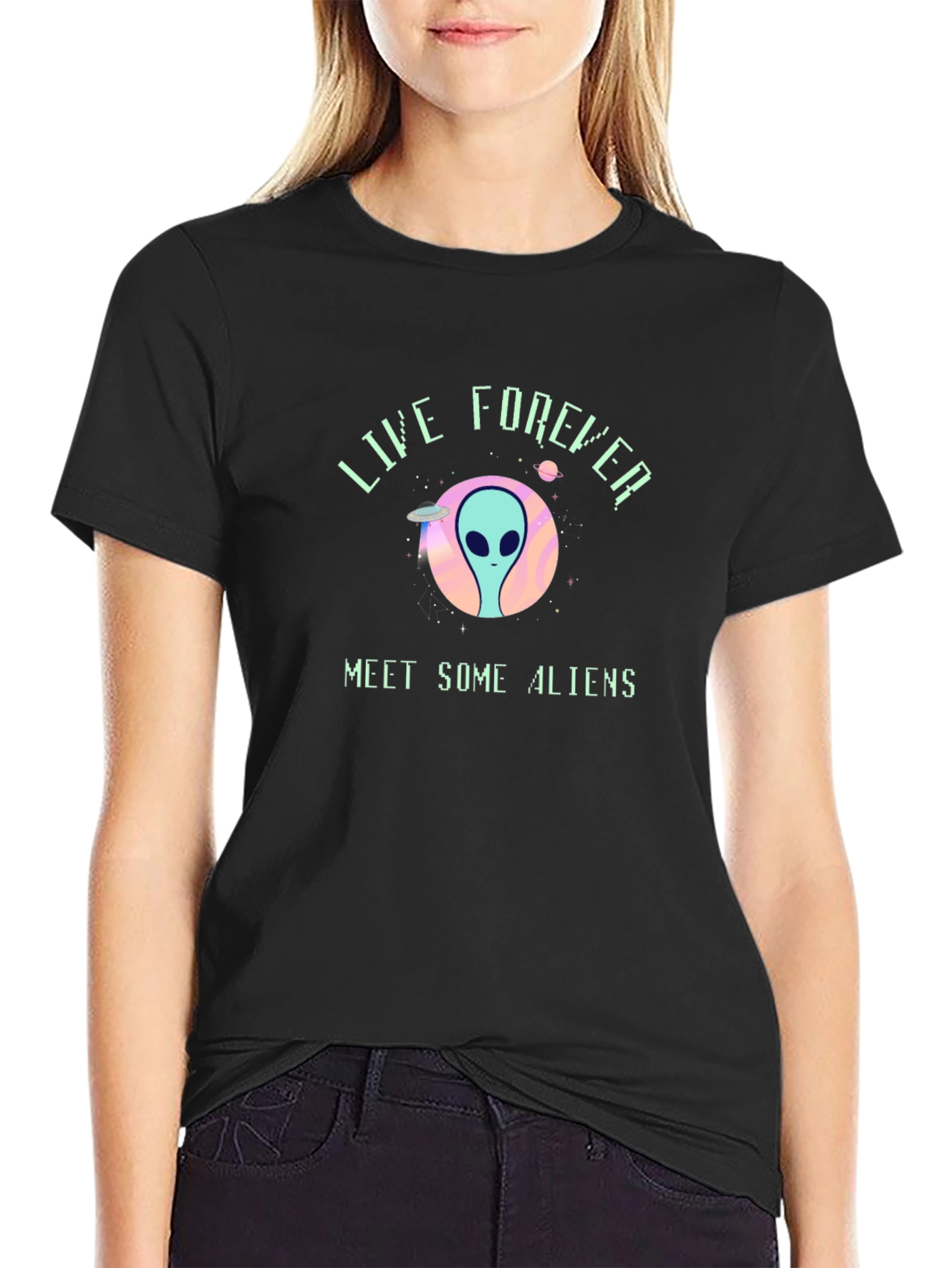 Live Forever Alien Graphic Black T-Shirt