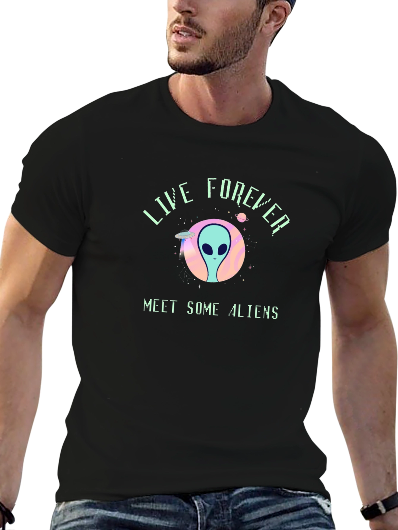 Live Forever Alien Graphic Black T-Shirt