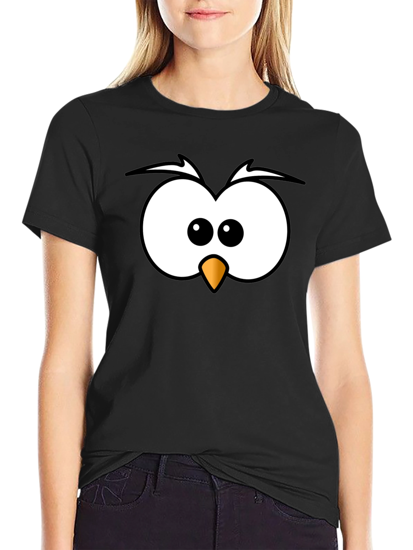 Funny Owl Face Graphic Print Black T-Shirt