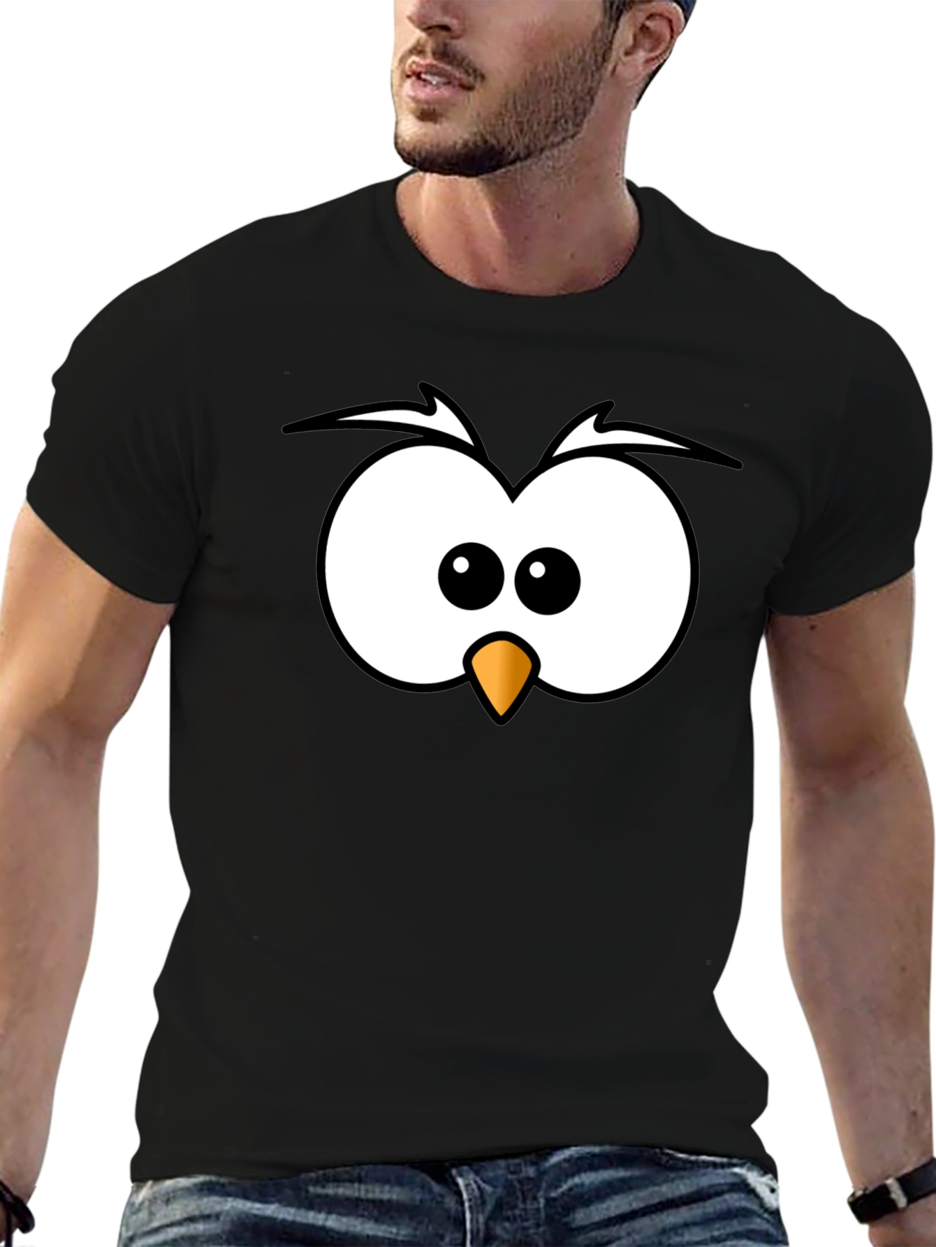 Funny Owl Face Graphic Print Black T-Shirt