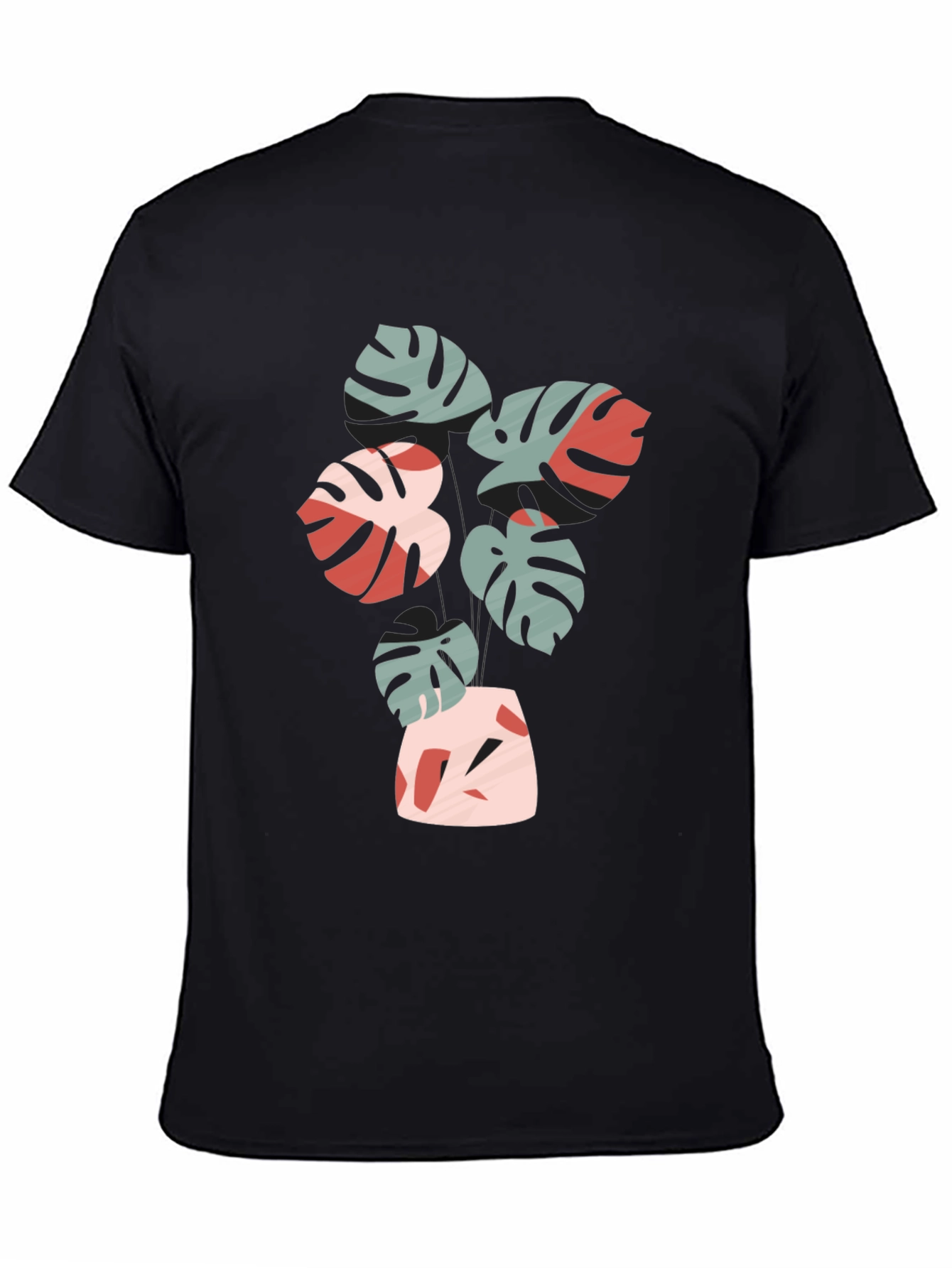 Tropical Leaf Print Black Crew Neck Tee