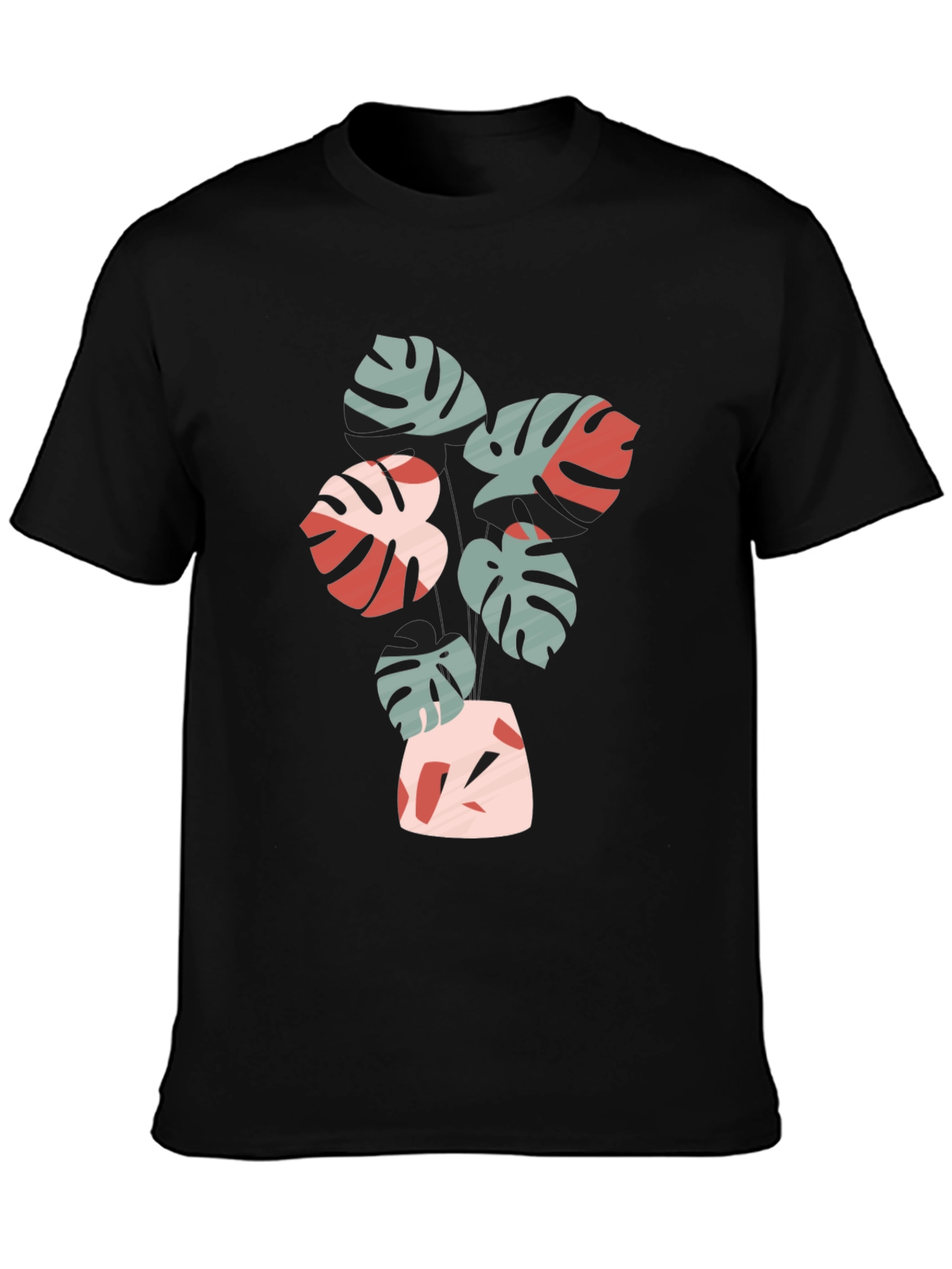 Tropical Leaf Print Black Crew Neck Tee