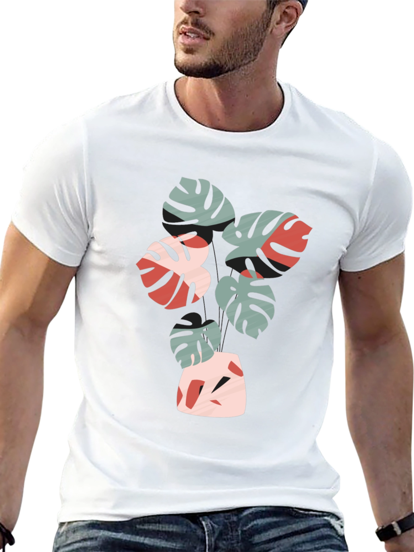 Tropical Leaf Print Black Crew Neck Tee