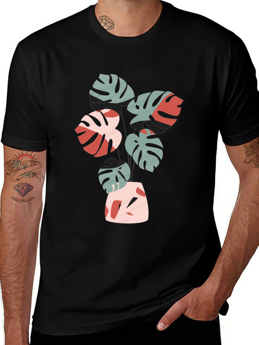 Tropical Leaf Print Black Crew Neck Tee
