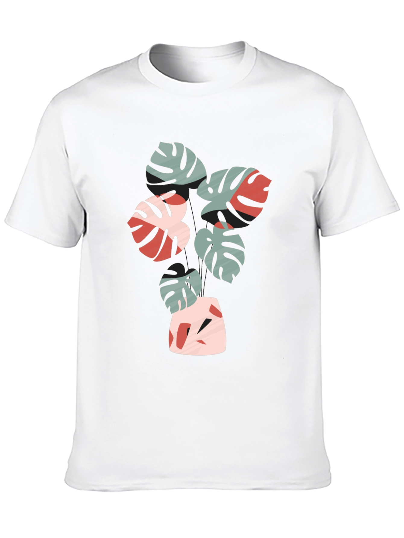Tropical Leaf Print Black Crew Neck Tee