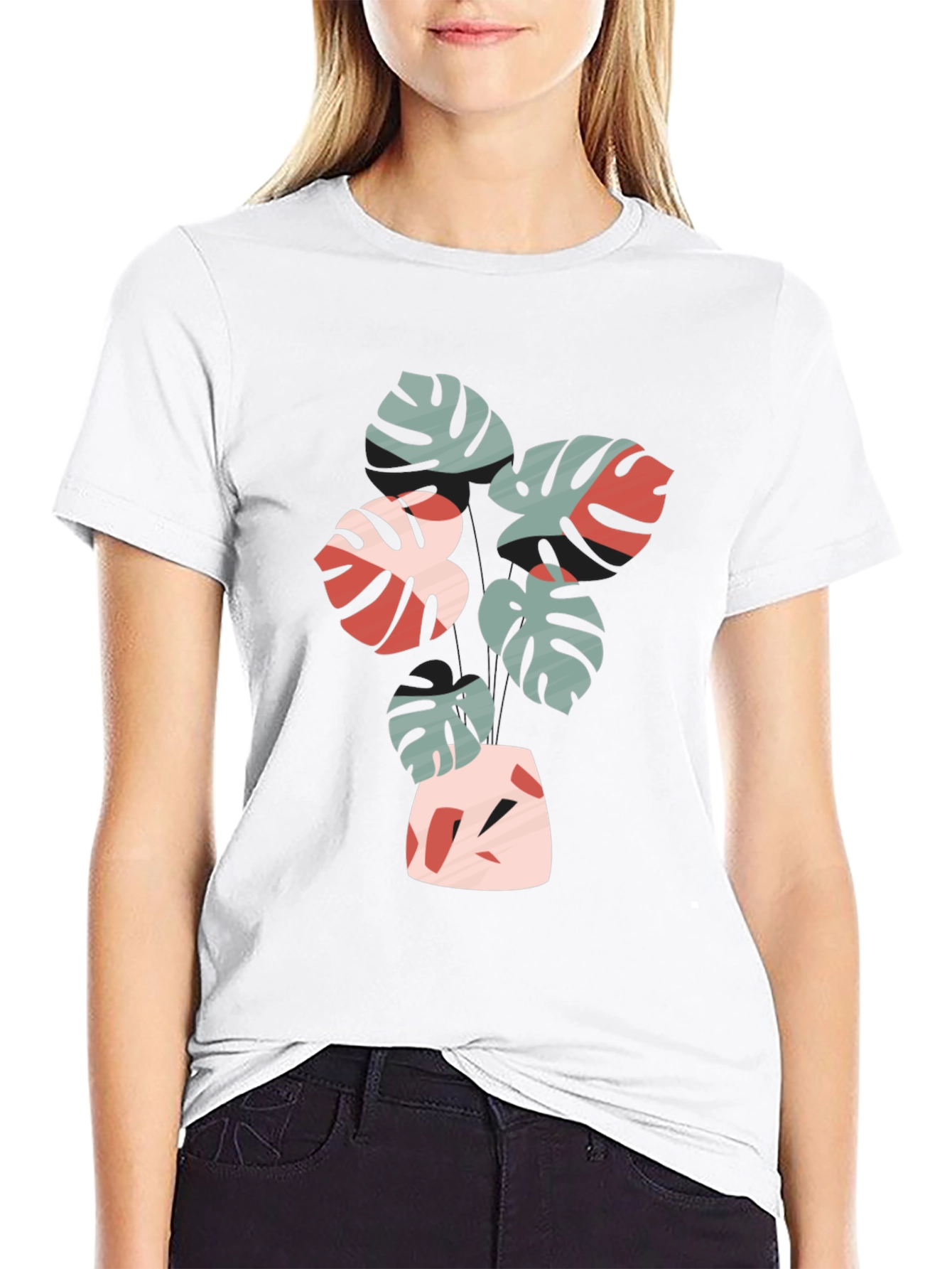 Tropical Leaf Print Black Crew Neck Tee