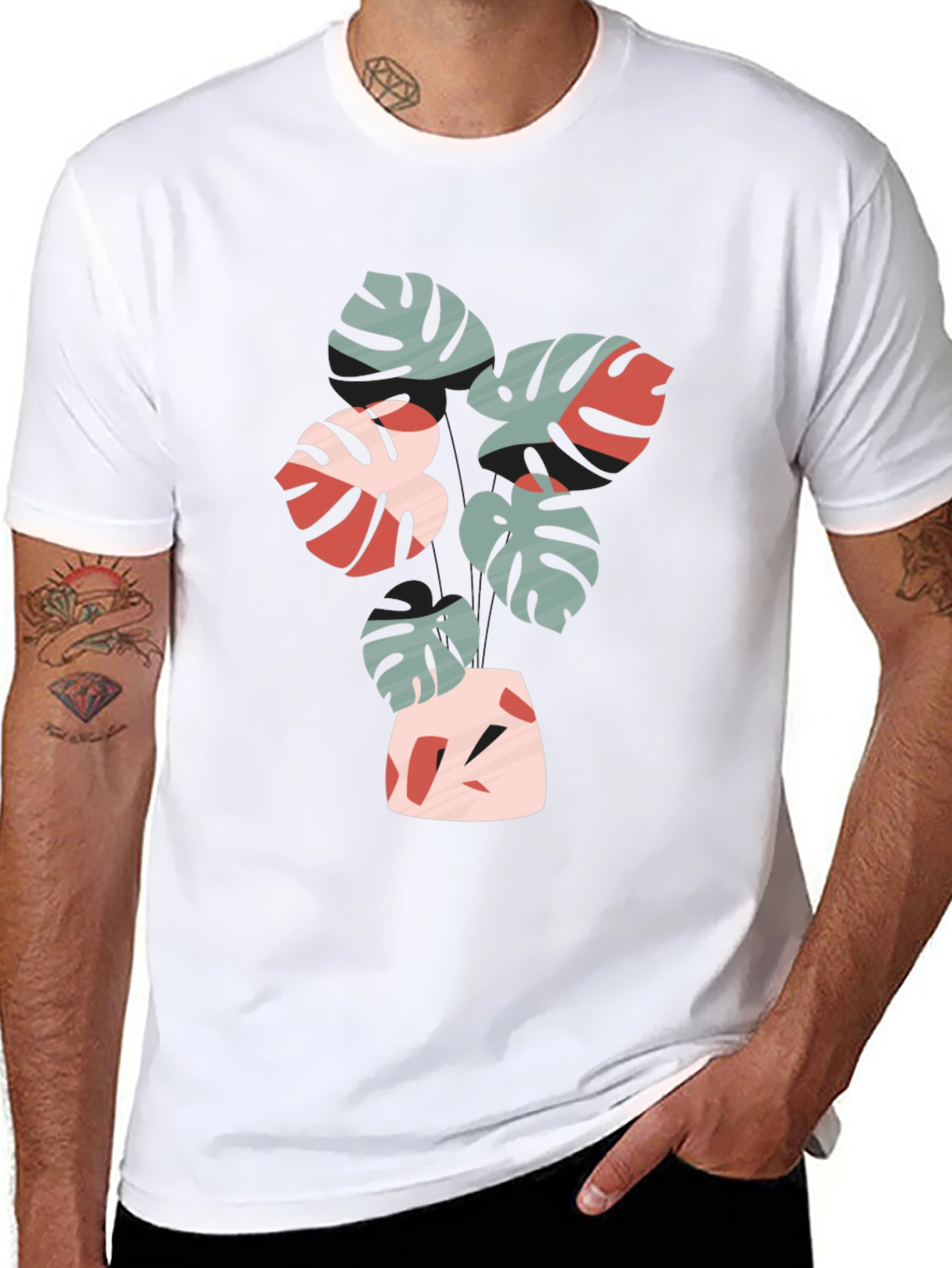Tropical Leaf Print Black Crew Neck Tee