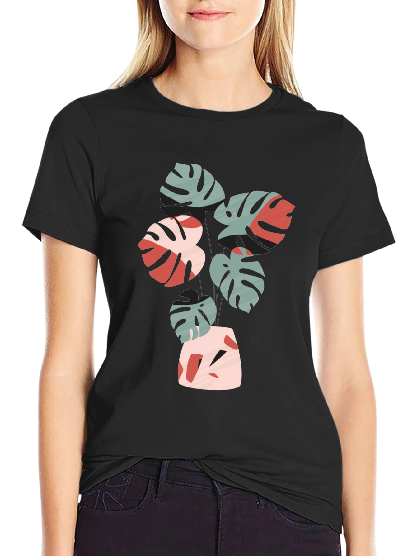 Tropical Leaf Print Black Crew Neck Tee