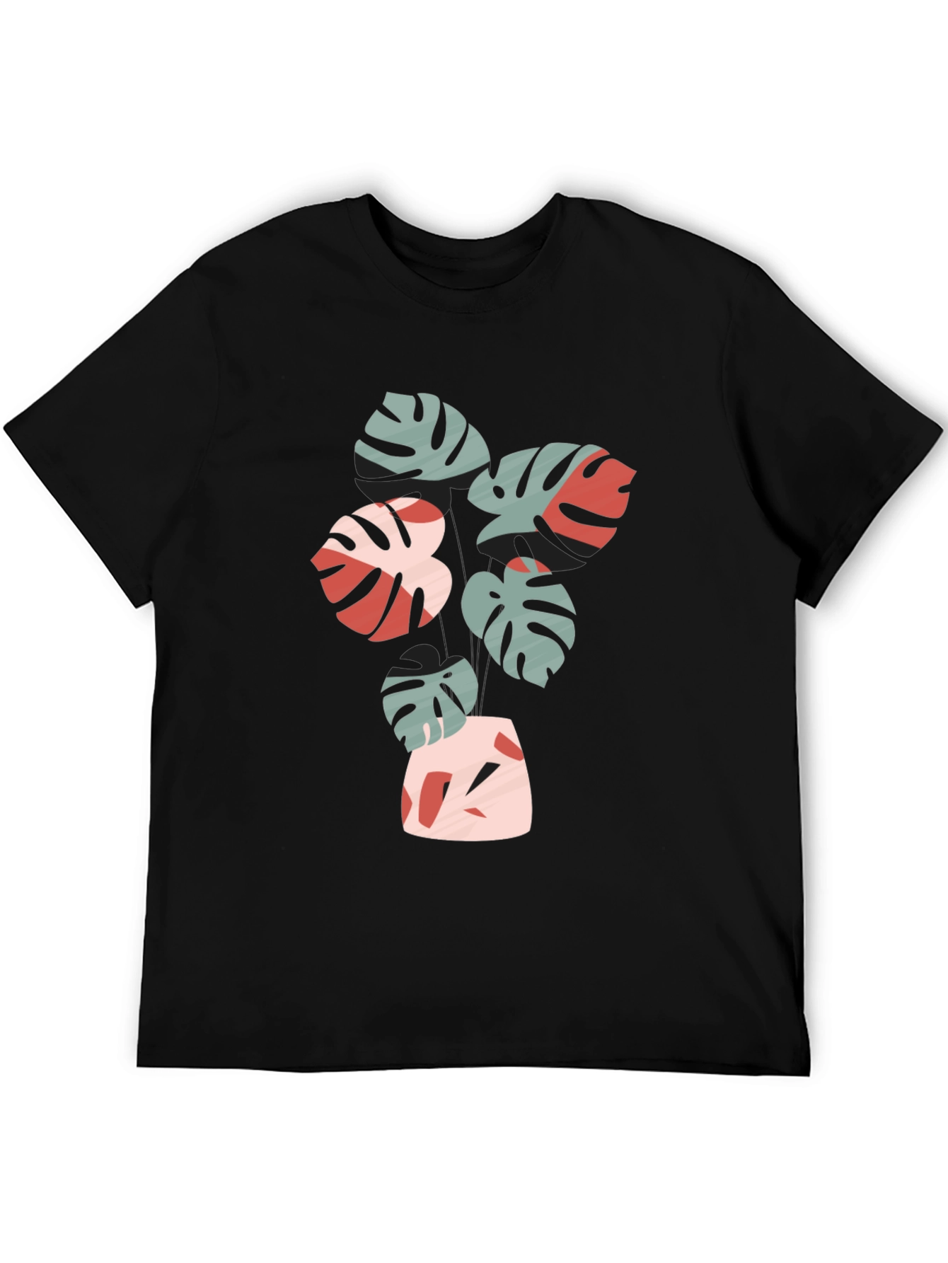 Tropical Leaf Print Black Crew Neck Tee