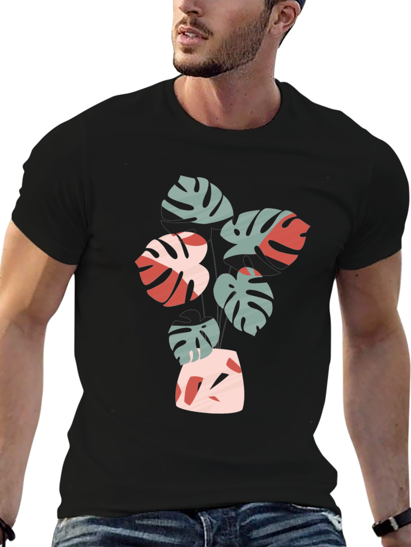 Tropical Leaf Print Black Crew Neck Tee