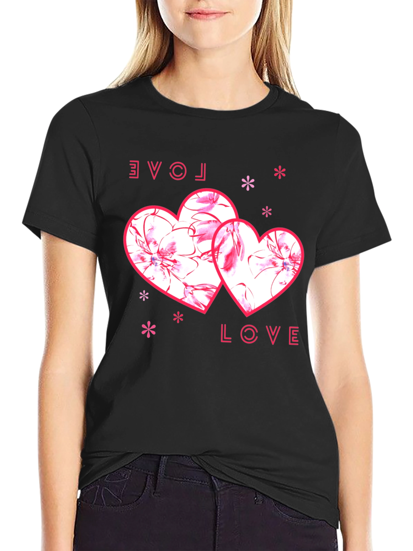 Love Heart Print Black T-Shirt