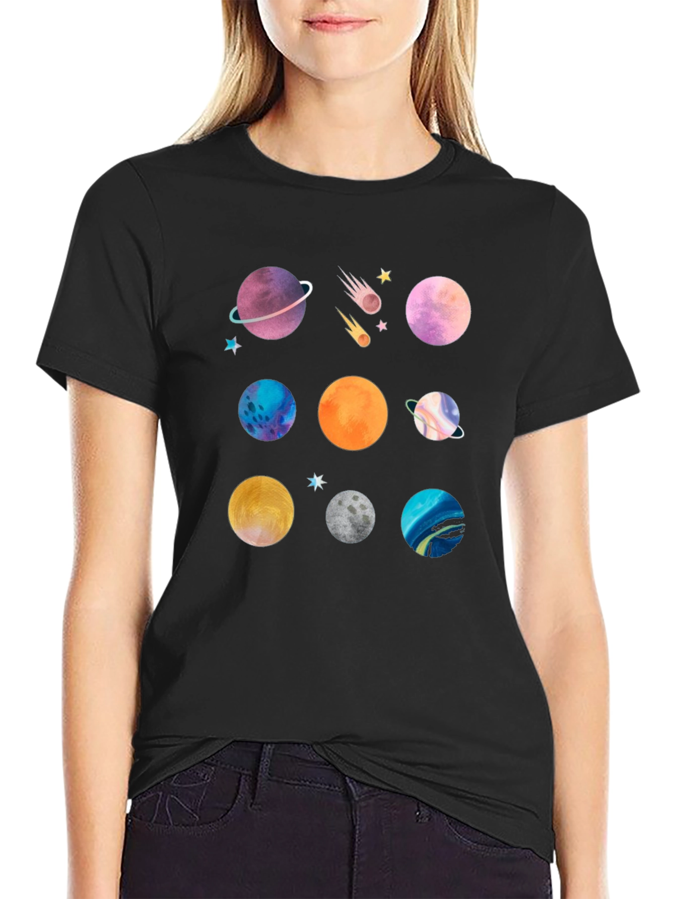 Planet Print Black Graphic T-Shirt