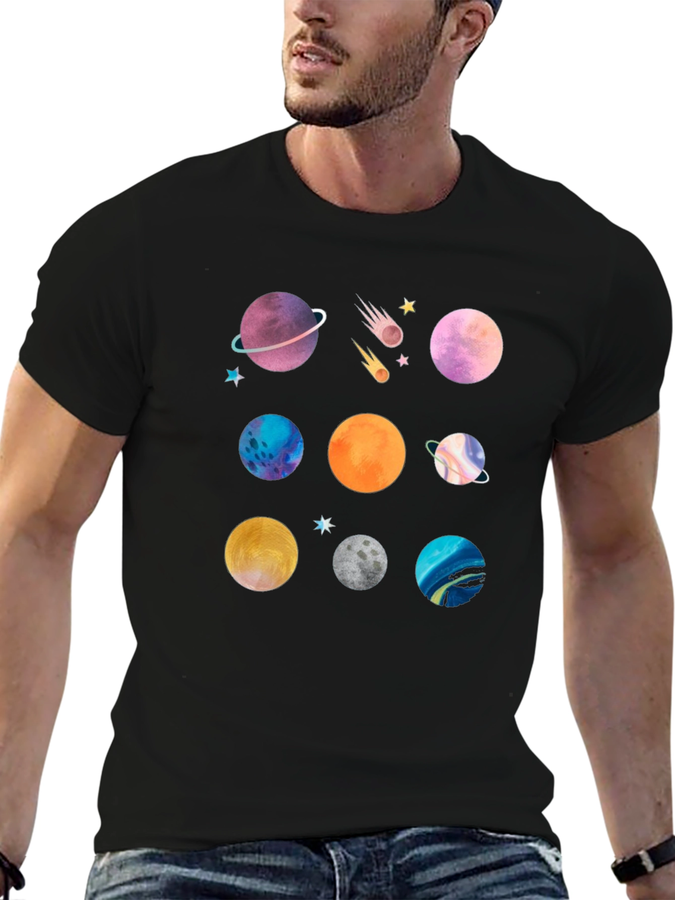 Planet Print Black Graphic T-Shirt