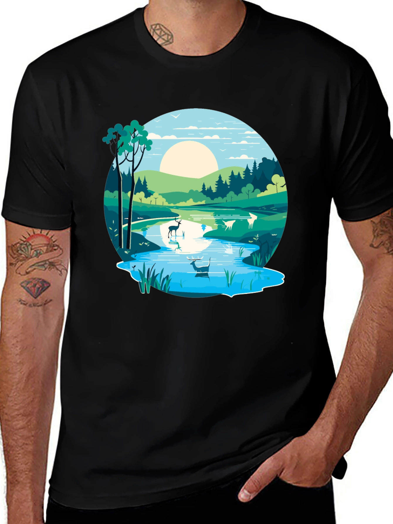 Nature Scene Graphic Tee - Lakeside Deer Design