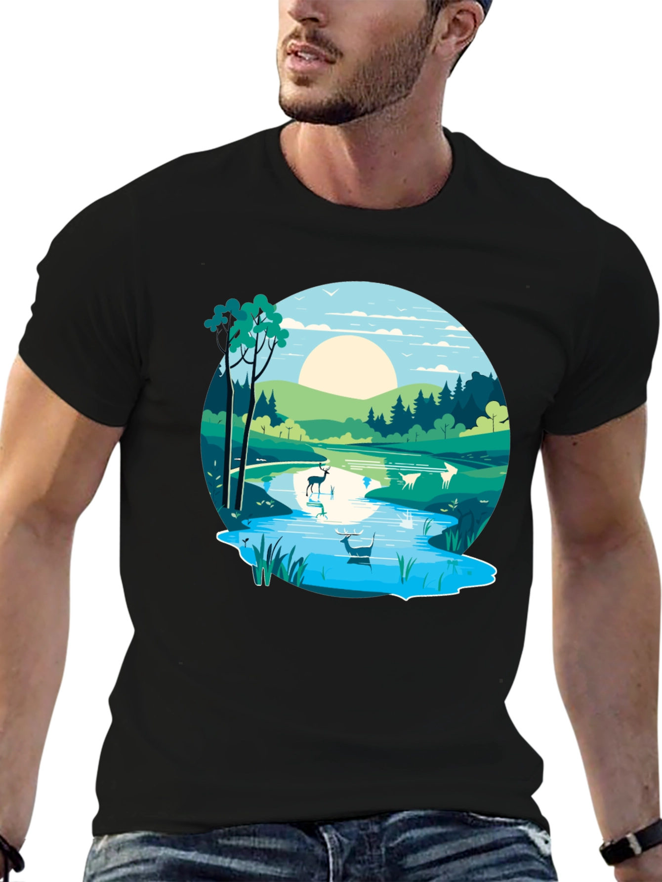 Nature Scene Graphic Tee - Lakeside Deer Design