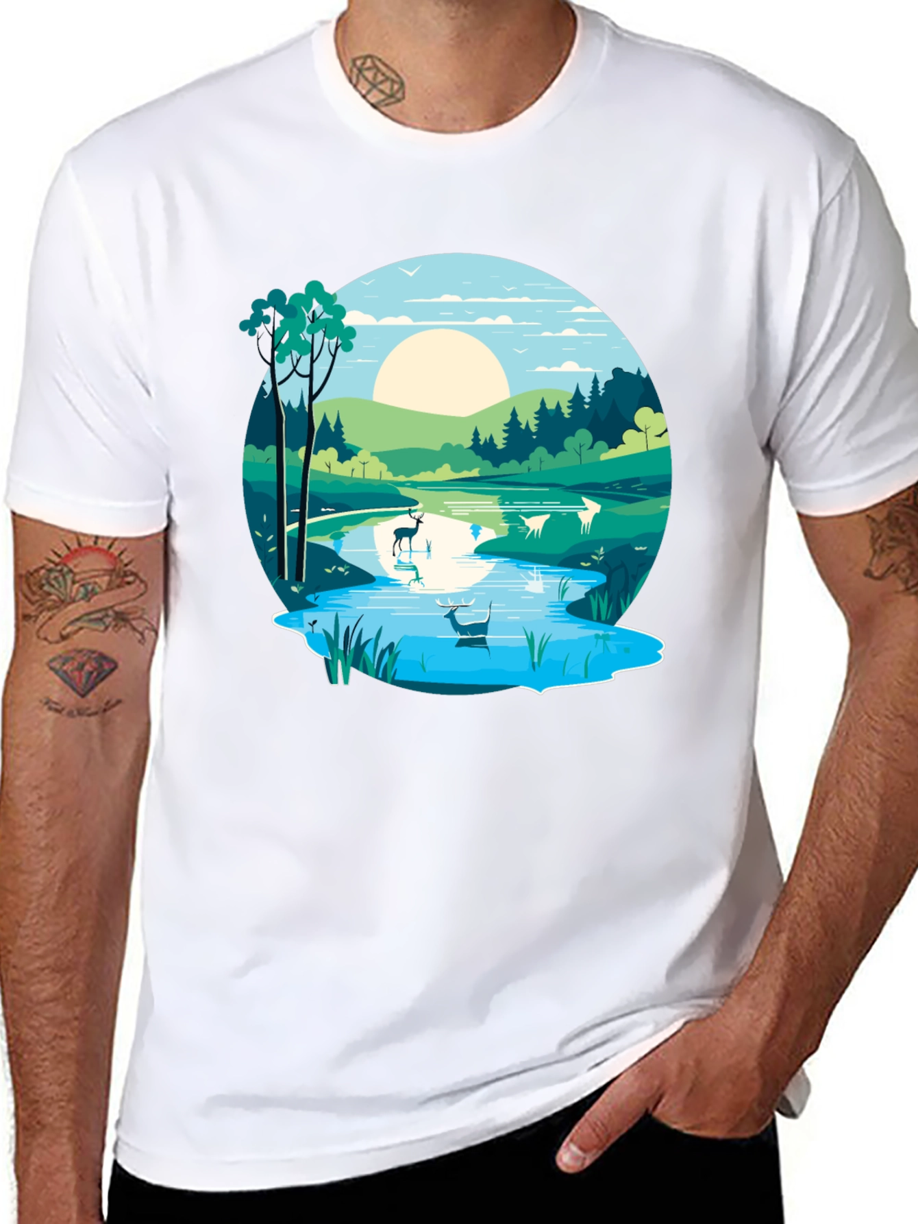 Nature Scene Graphic Tee - Lakeside Deer Design